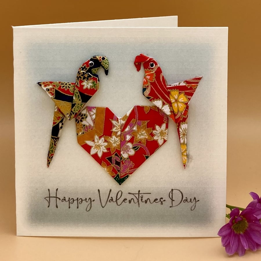 Valentine Greetings Card, Handmade OOAK Romantic Origami heart and love birds.