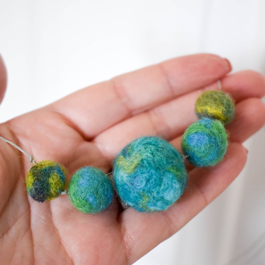Felted bead necklace in green and blue wool