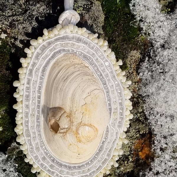 “White Volcano” – Handmade Sea Shell Amulet with Soutache & Glass Beads
