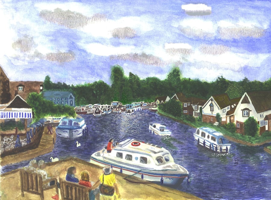 View from Wroxham Bridge, Norfolk Broads River Scene Watercolour Print