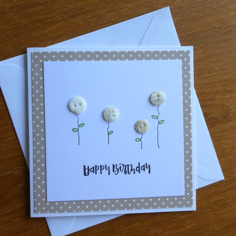 Birthday Card - Button Flowers - Coffee