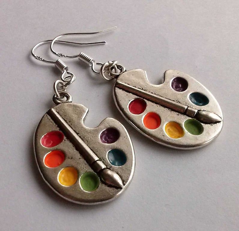 Artist Palette Art Lover Drop Dangle Earrings Silver Plate 