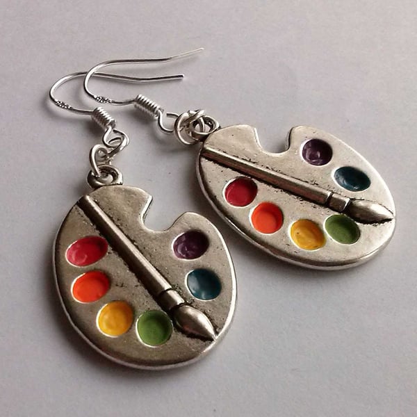 Artist Palette Art Lover Drop Dangle Earrings Silver Plate 
