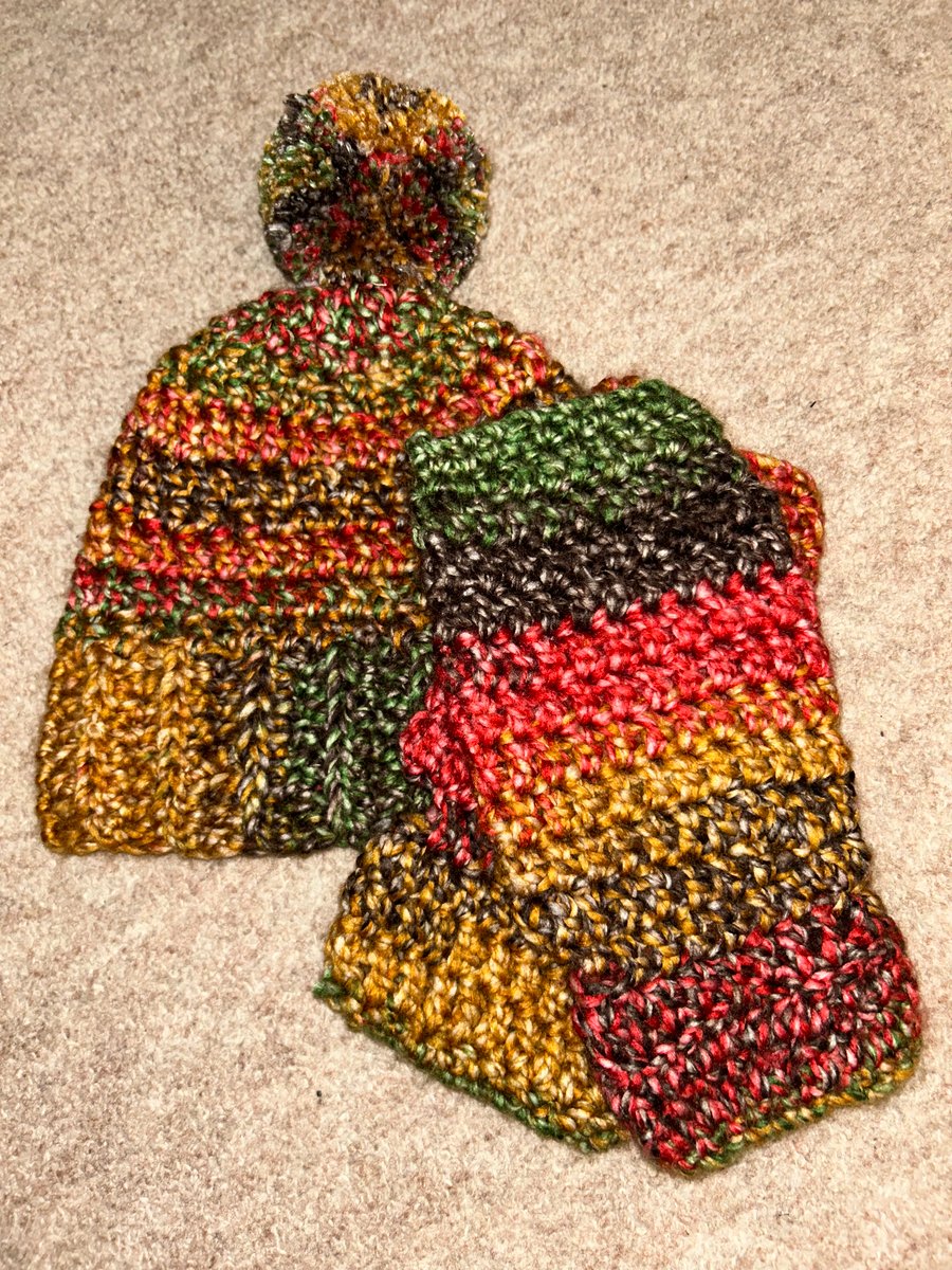Hand Crocheted Hat and Fingerless Wrist Warmer Set