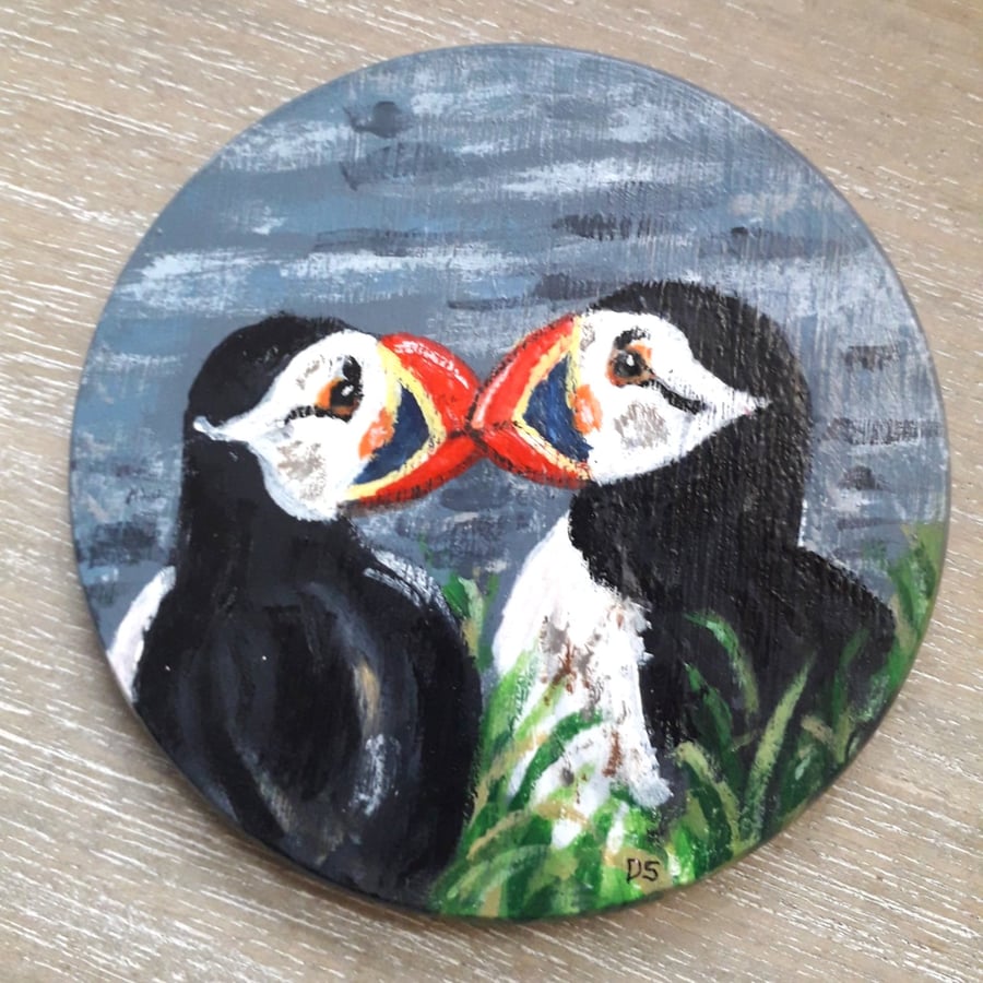 Puffins handpainted wooden coaster