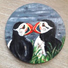 Puffins handpainted wooden coaster