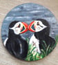 Puffins handpainted wooden coaster
