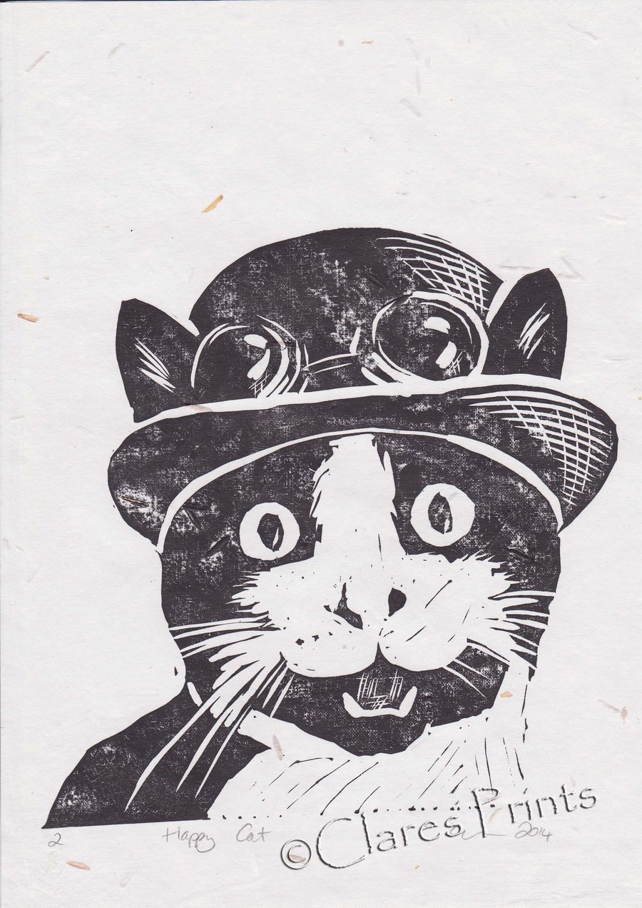 Happy Cat Open Edition Hand-Pulled Linocut Print 
