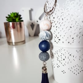 "Sugar Free" Geometric modern round beaded Keyring - Navy, peach, grey, white