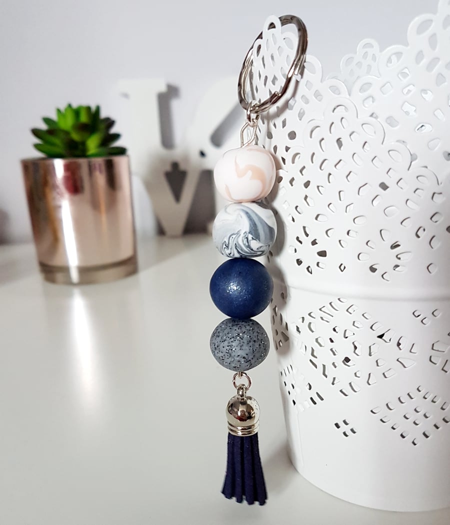 "Sugar Free" Geometric modern round beaded Keyring - Navy, peach, grey, white