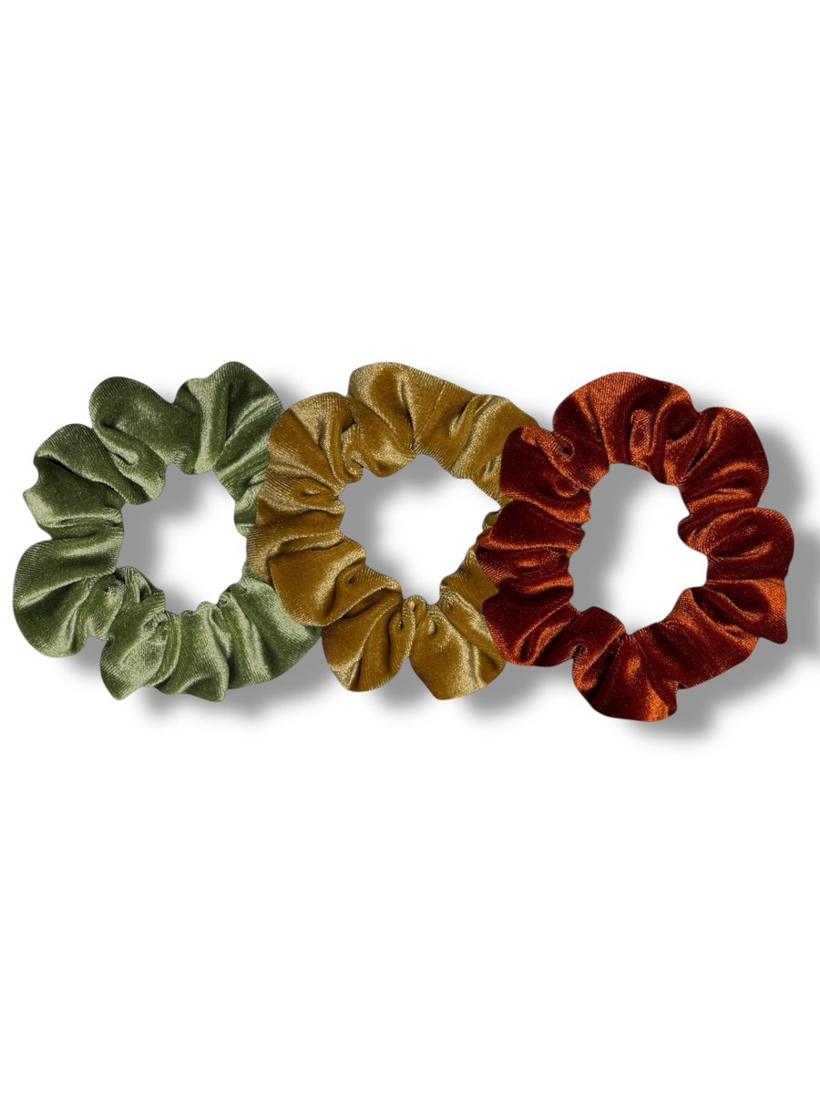 Set of 3 - Apple Green, Mustard & Burnt Orange Velvet Scrunchies - Regular
