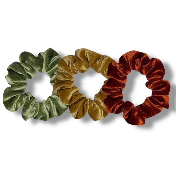 Set of 3 - Apple Green, Mustard & Burnt Orange Velvet Scrunchies - Regular
