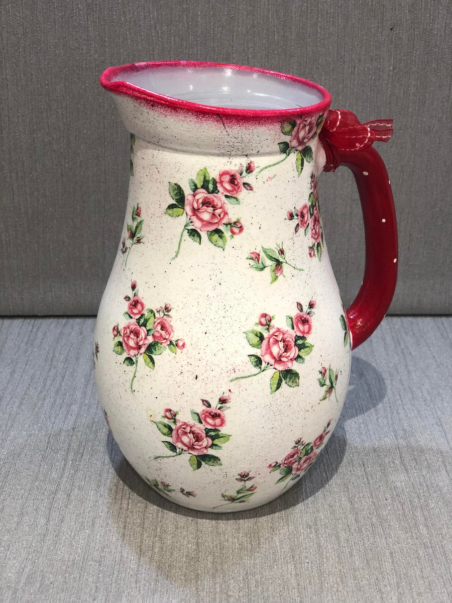 Decoupage Glass jug Vase - Floral Red floral - Shabby Chic - Gift for Home 