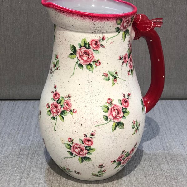 Decoupage Glass jug Vase - Floral Red floral - Shabby Chic - Gift for Home 