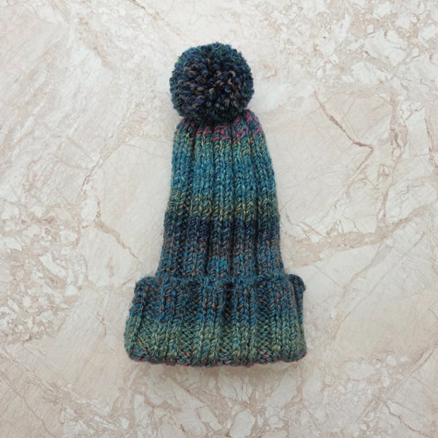 Hand knitted adult green multicoloured bobble hat