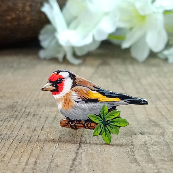 Goldfinch Pin, Handmade Wooden Bird Brooch, Bird Lover Gift