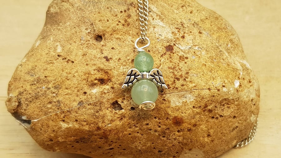 Minimalist Green Aventurine angel pendant necklace. Reiki jewelry uk