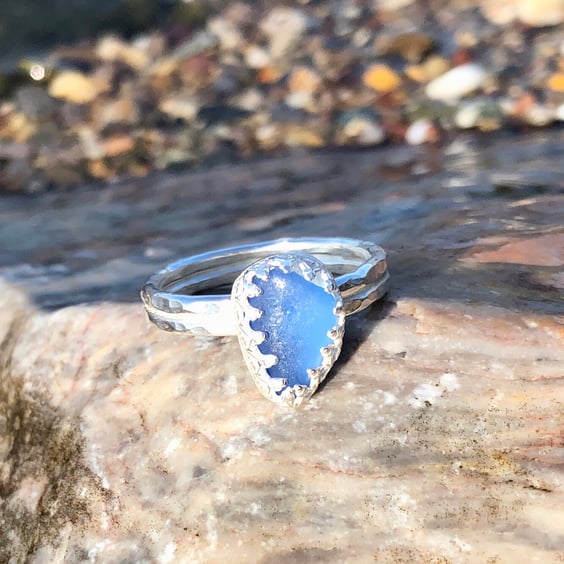 Cornflower Blue Sea Glass and Sterling Silver Double Ring - Size S - 1243