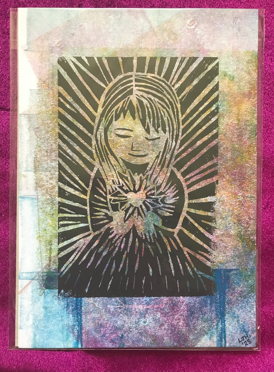 Patchwork Girl - Heart of light A5 lino print