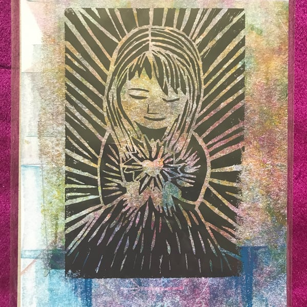 Patchwork Girl - Heart of light A5 lino print