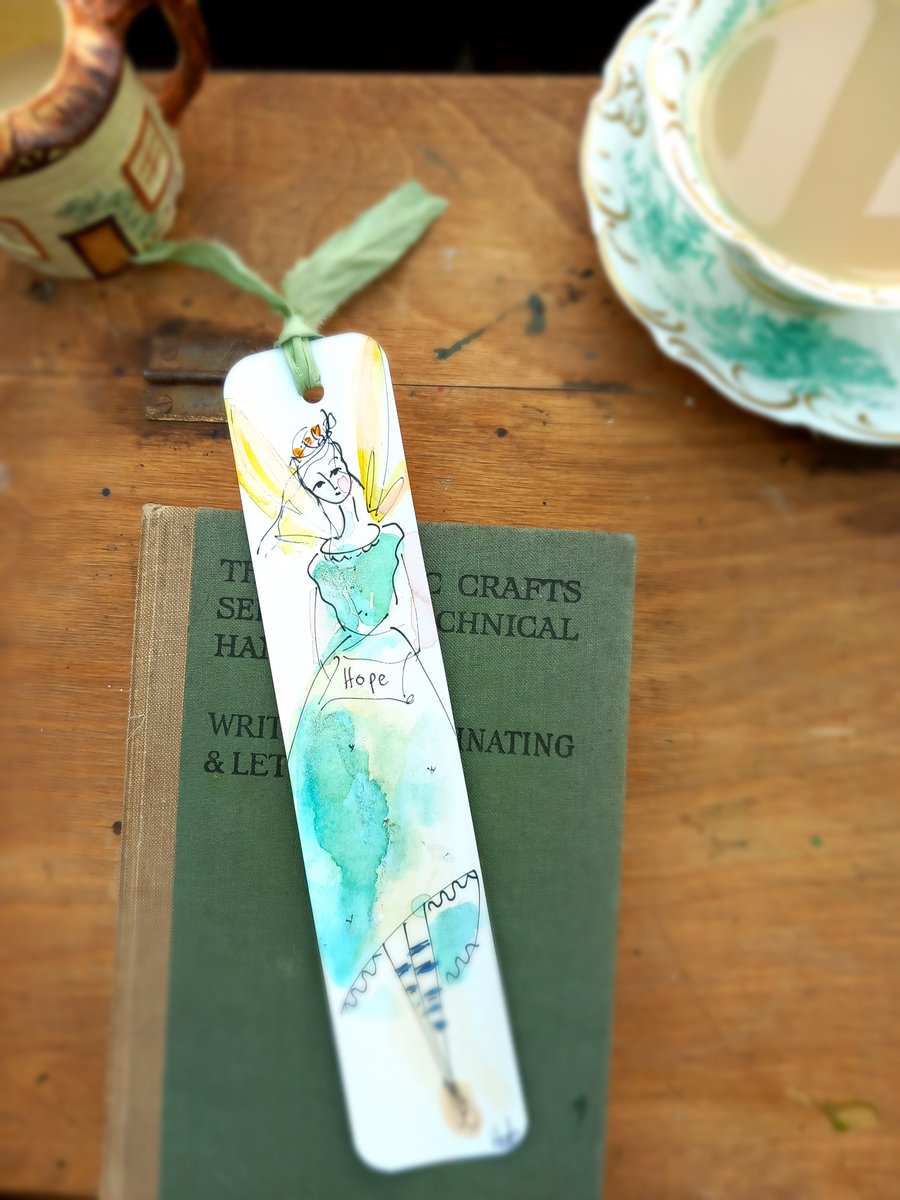 Hope bookmark.Hand drawn and painted bookmark with silk ribbon '