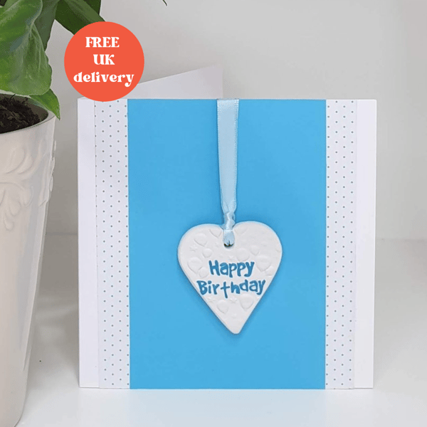Handmade birthday card with detachable clay heart keepsake, happy birthday card