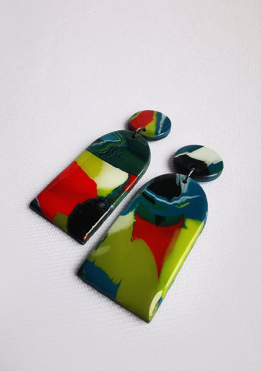 Handmade clay earrings, abstract modern painting style, resin jewellery