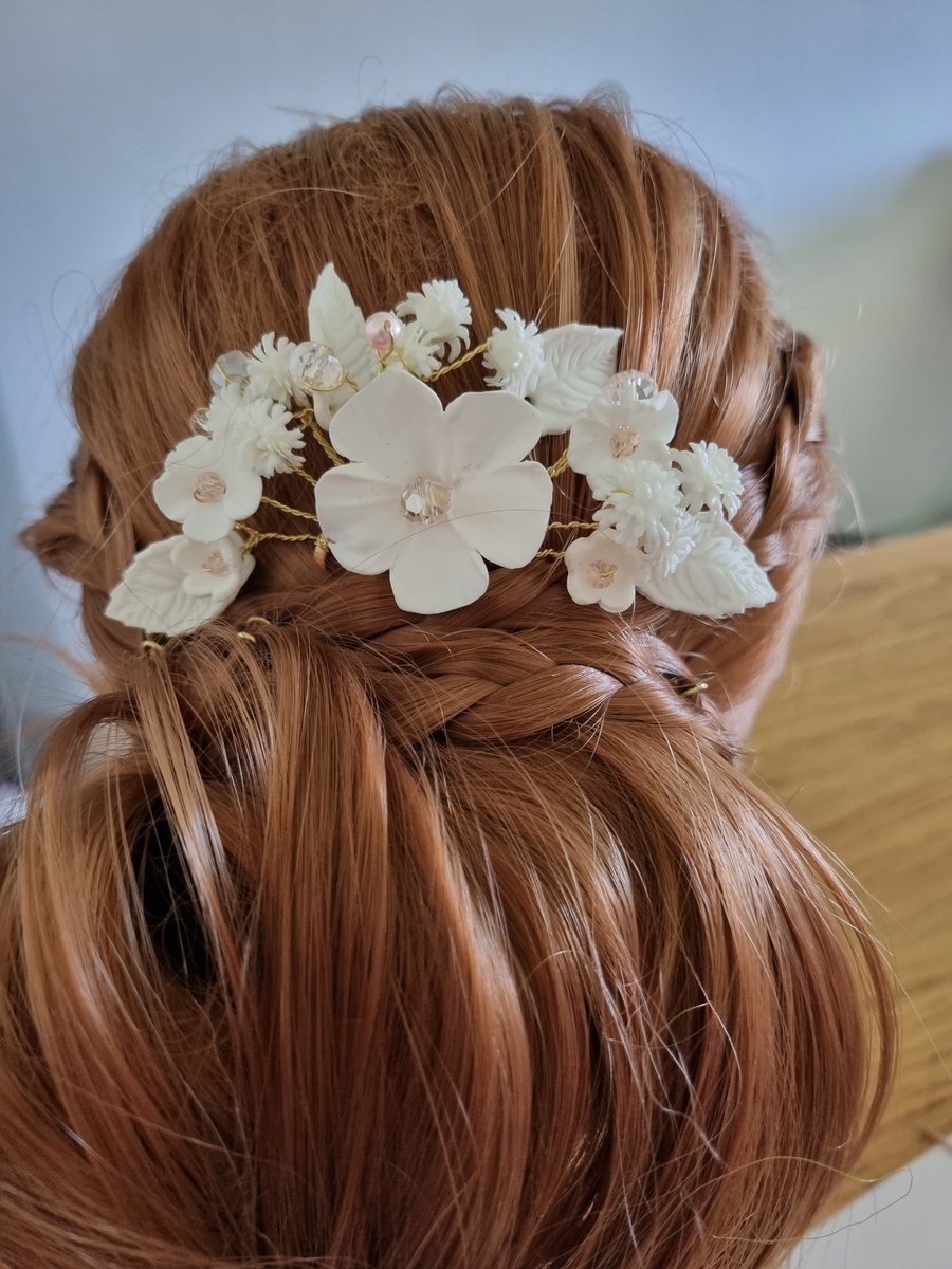 Gold and white bridal hair combs. Swarovski crystals and pearls.  Blush and gold