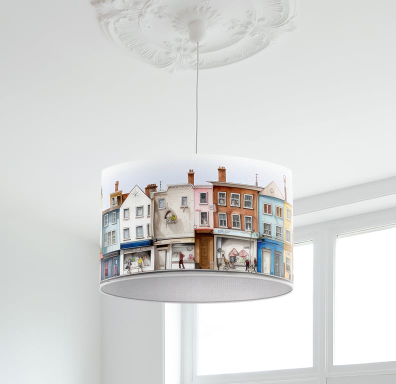 Fun High Street Illustration Lampshade - Houses Shops and Cafes Lampshade Print