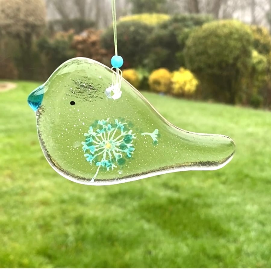 Fused glass  bird hanging - dandelion 