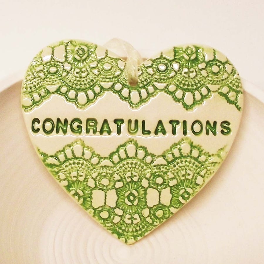 Green ceramic heart decoration Congratulations Pottery