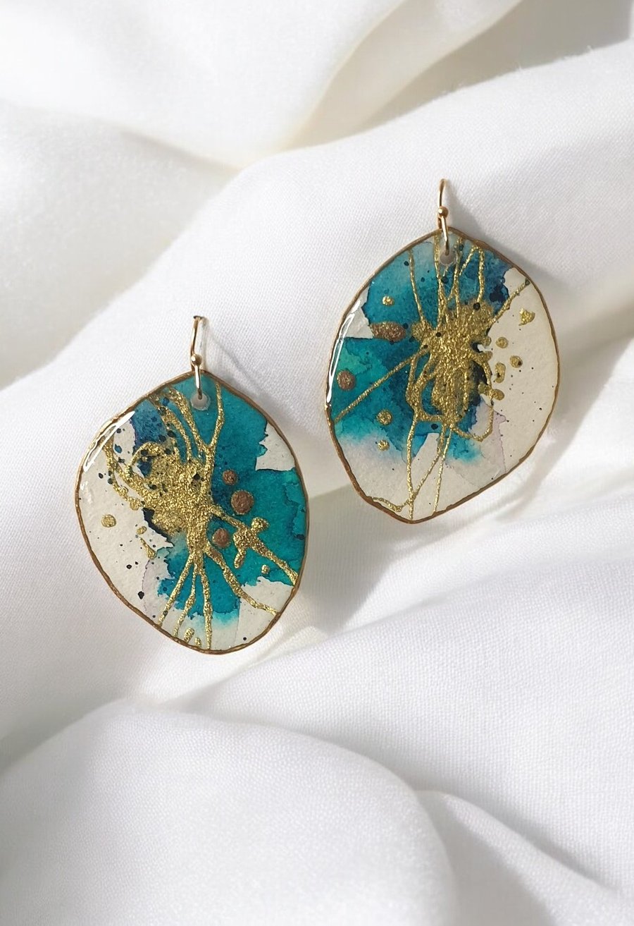 Large Lightweight Blue Gold Statement Artistic Earrings