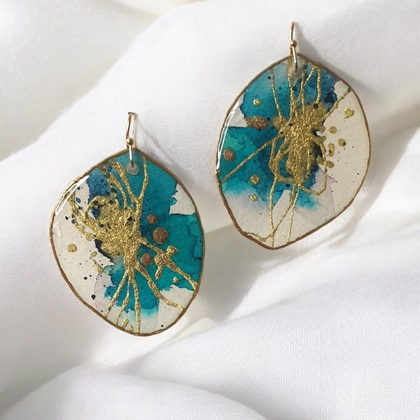 Large Lightweight Blue Gold Statement Artistic Earrings