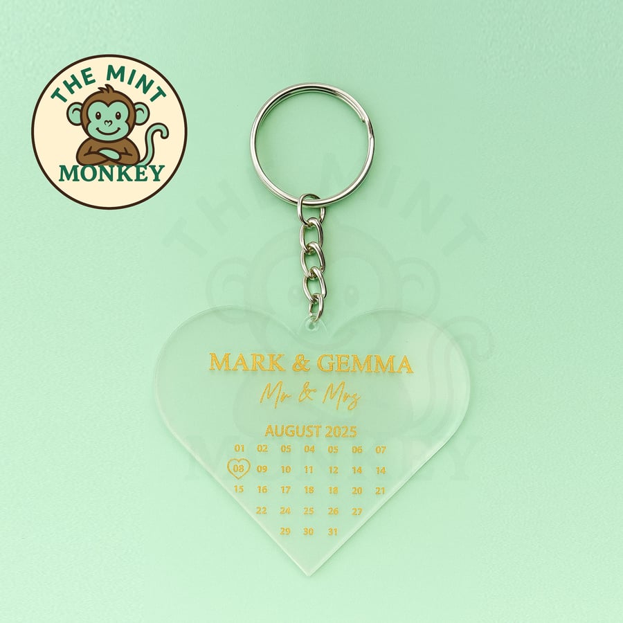 Personalised Clear Acrylic Wedding Date Keychain Custom Name & Calendar Heart