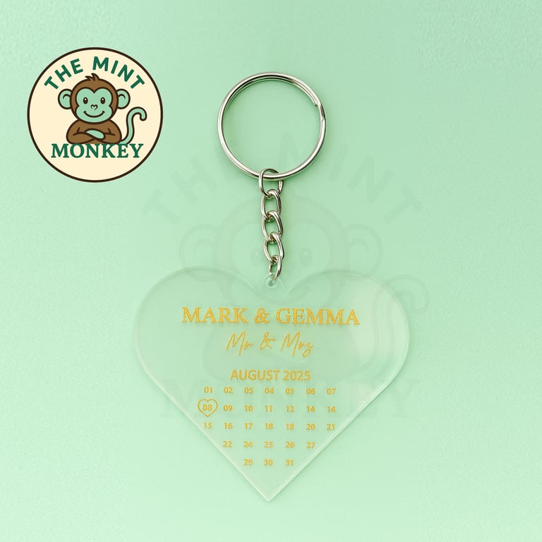 Personalised Clear Acrylic Wedding Date Keychain Custom Name & Calendar Heart