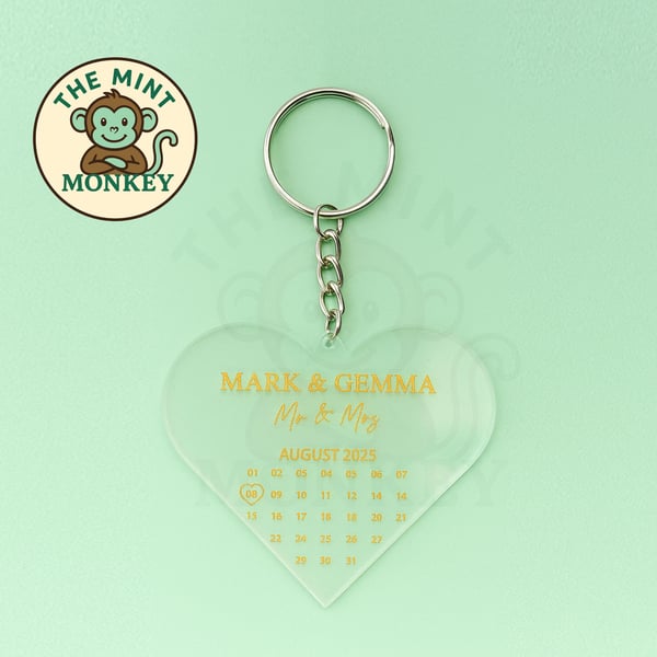 Personalised Clear Acrylic Wedding Date Keychain Custom Name & Calendar Heart