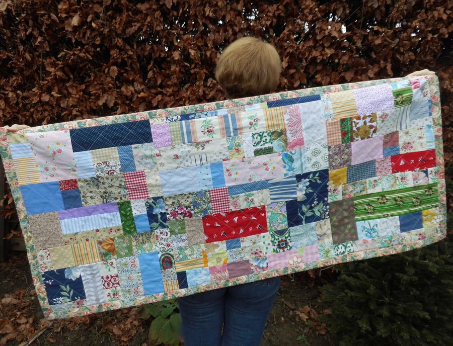 SOLD Bed runner lap quilt foot quilt random patchwork bed topper throw