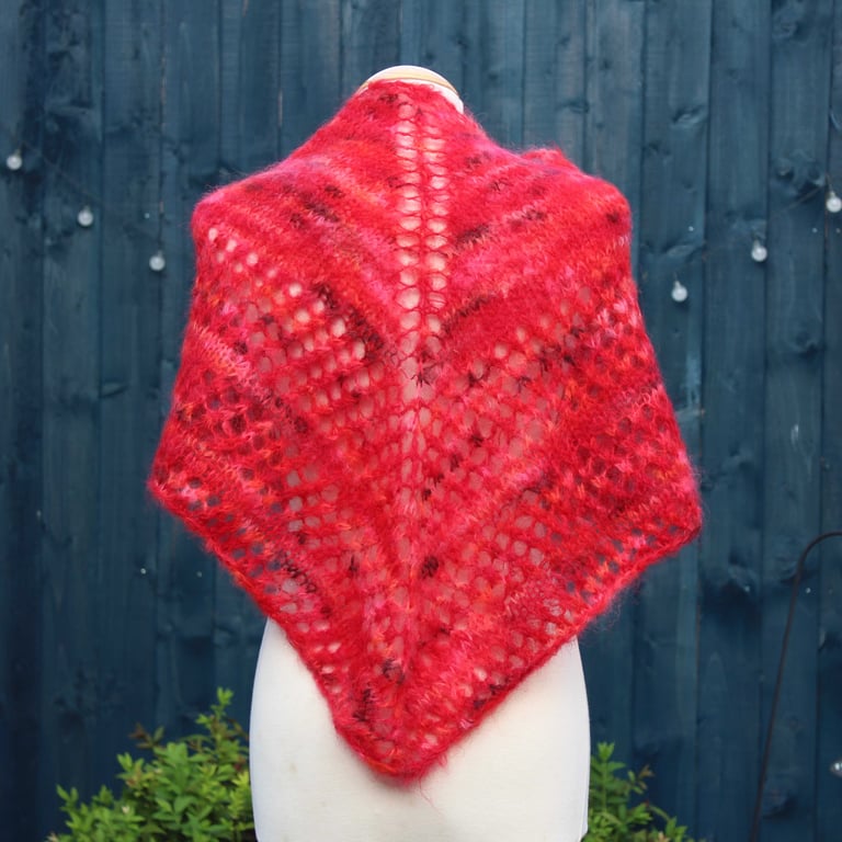 Hand knit triangular shawl in hand dyed fire red Mohair - design A2