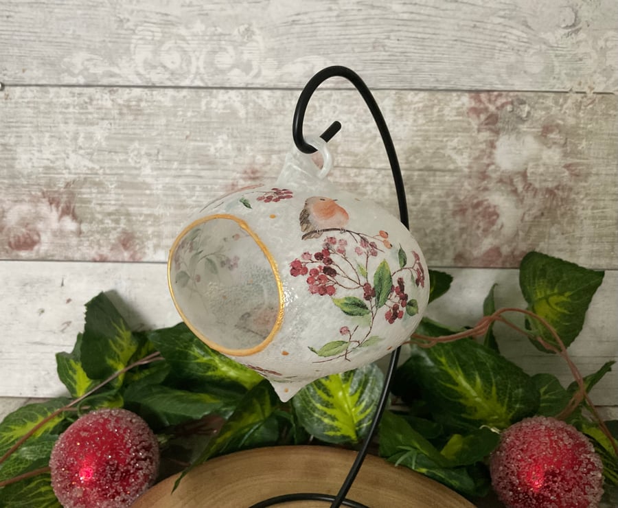 Glass Tea Light Holdef. Hanging. Robin. Xmas home decor.