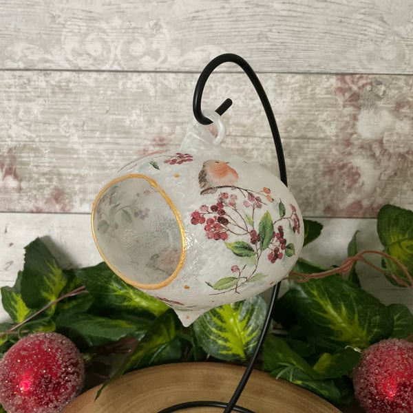 Glass Tea Light Holdef. Hanging. Robin. Xmas home decor.