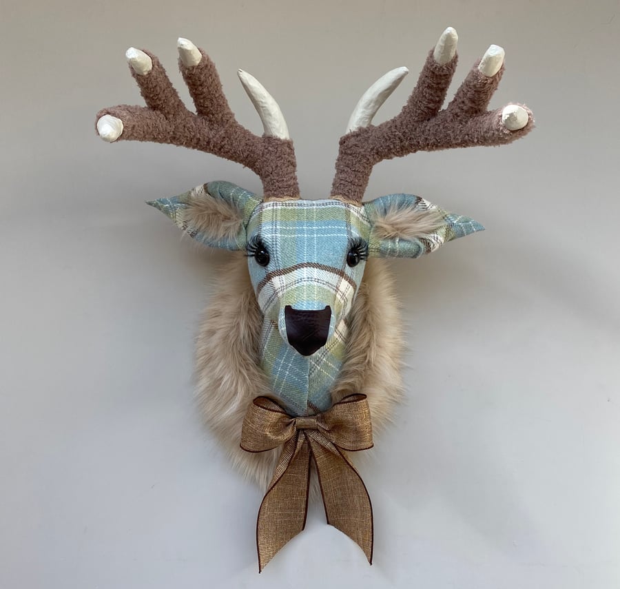 Handmade faux taxidermy cornflower and green check stag wall mount animal head