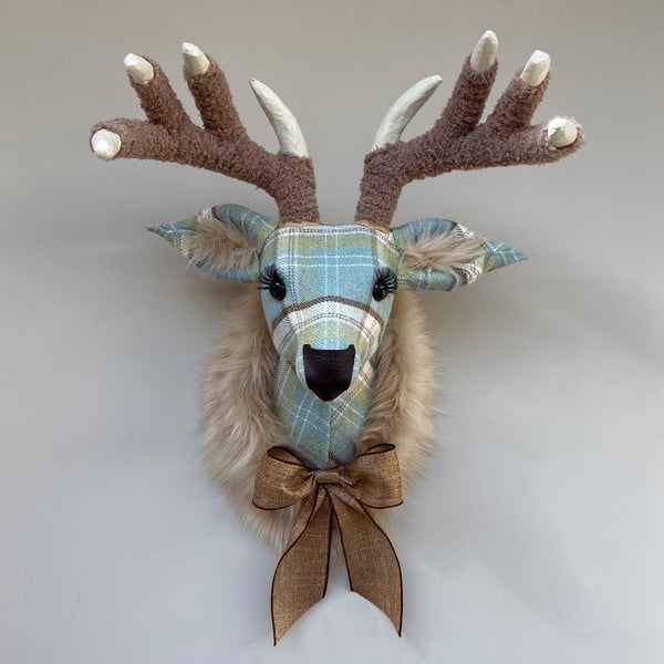 Handmade faux taxidermy cornflower and green check stag wall mount animal head