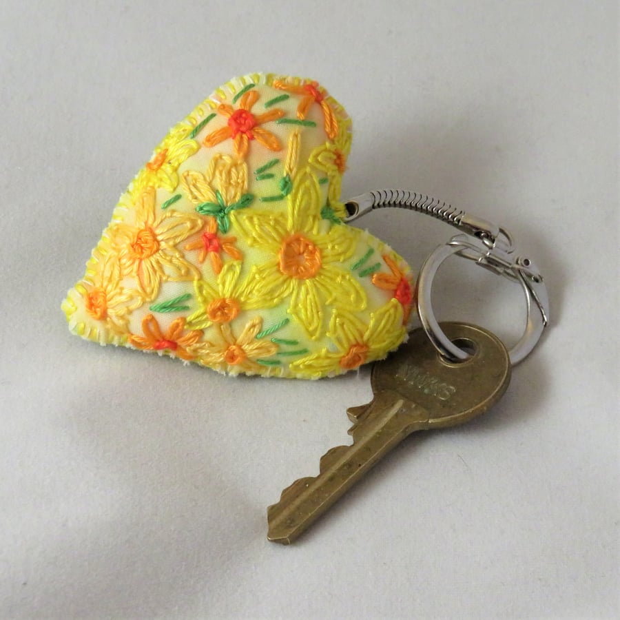 Daffodils Keyring Embroidered and painted 