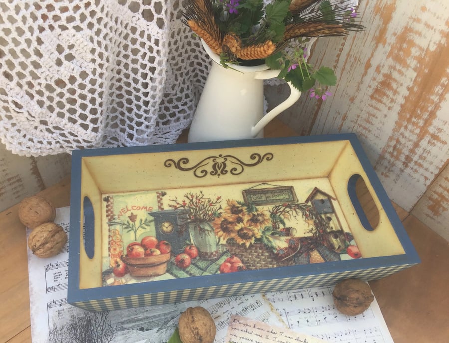 Rustic Wooden Serving Tray – Sunflower, Apple, and Wicker Basket Design