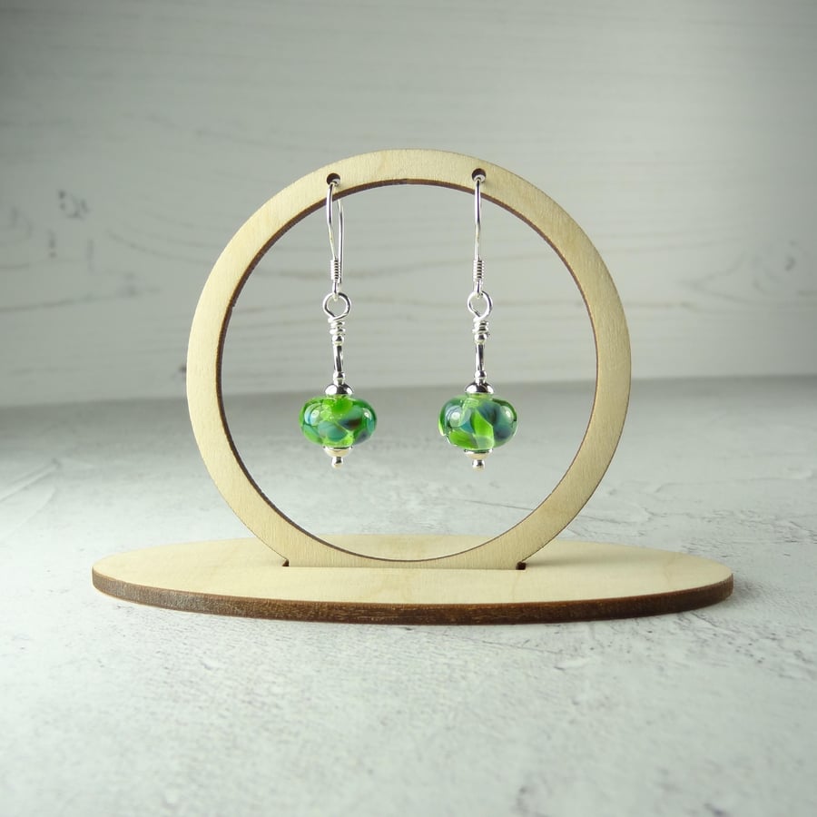 Green & blue speckled lampwork glass drop earrings, sterling silver, gift box