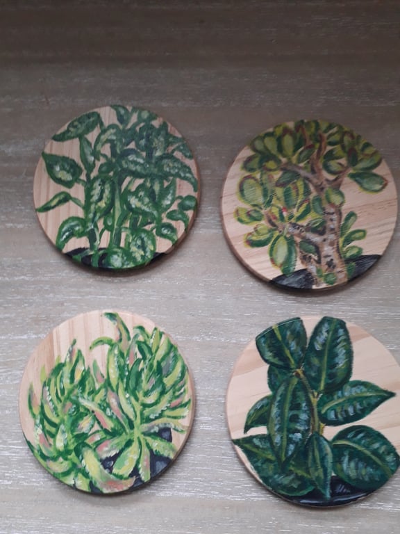 "My House Plants" handpainted wooden coasters, set of 4 with holder