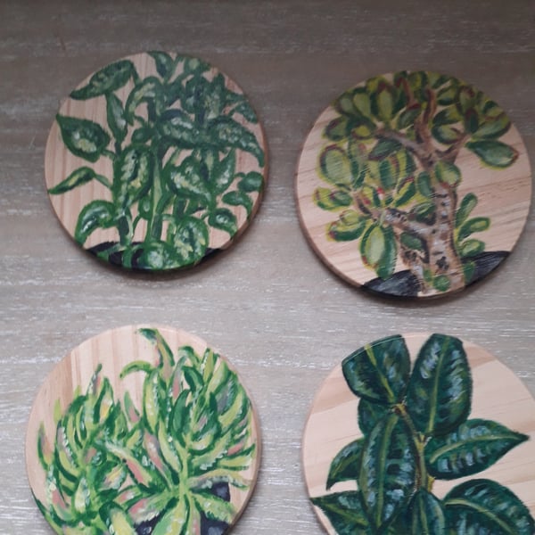"My House Plants" handpainted wooden coasters, set of 4 with holder
