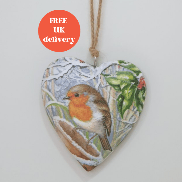 Robin Christmas decoration, hanging wooden heart, robin decoration 
