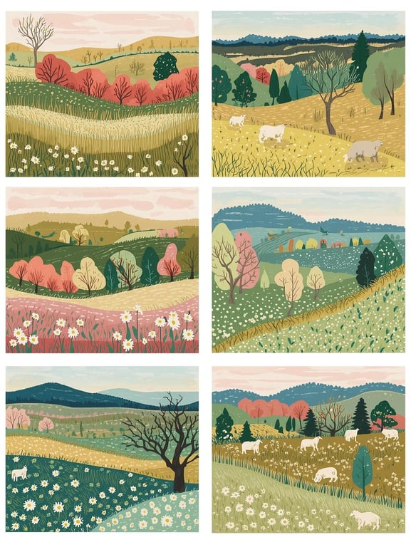 Pack of 6 - Countryside Landscapes  - A6 White Linen Note Card & Envelope Set