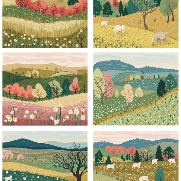 Pack of 6 - Countryside Landscapes  - A6 White Linen Note Card & Envelope Set